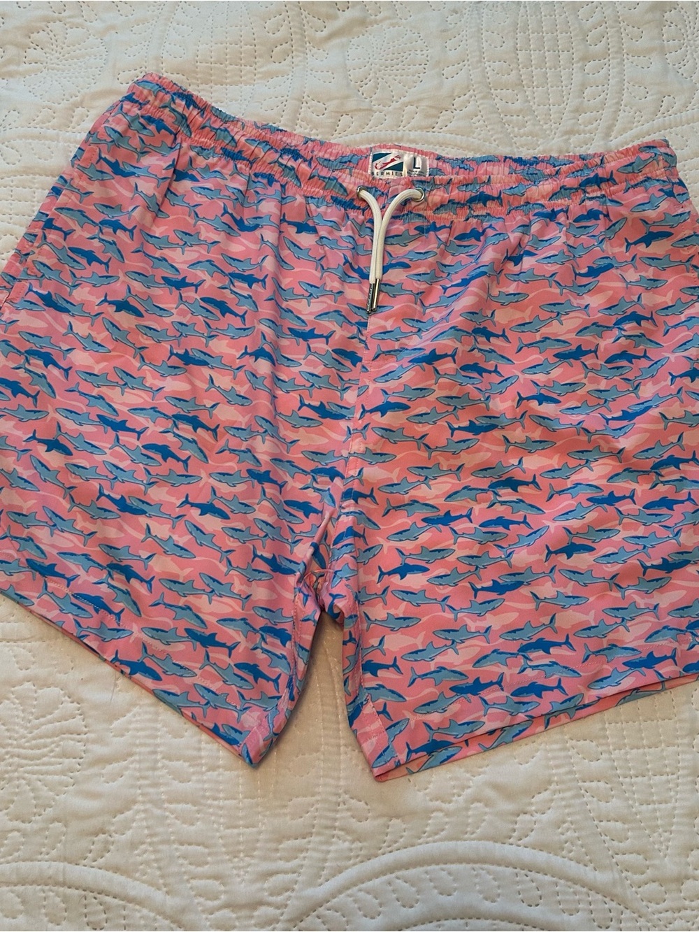 Men's Pink Shark-Print Swim Trunks with Blue Accent